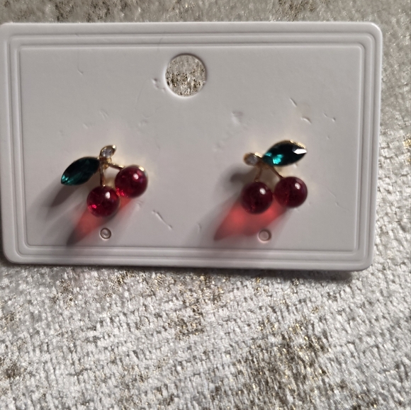 Fashion Jewelry Cherry Stud Earrings with Red and Green Details - Picture 1 of 1